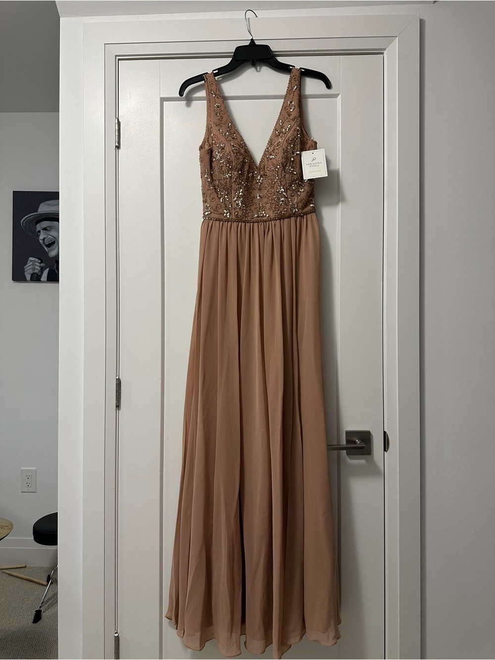 Adrianna Papell Beaded V-Neck Maxi Dress in Dusty Rose